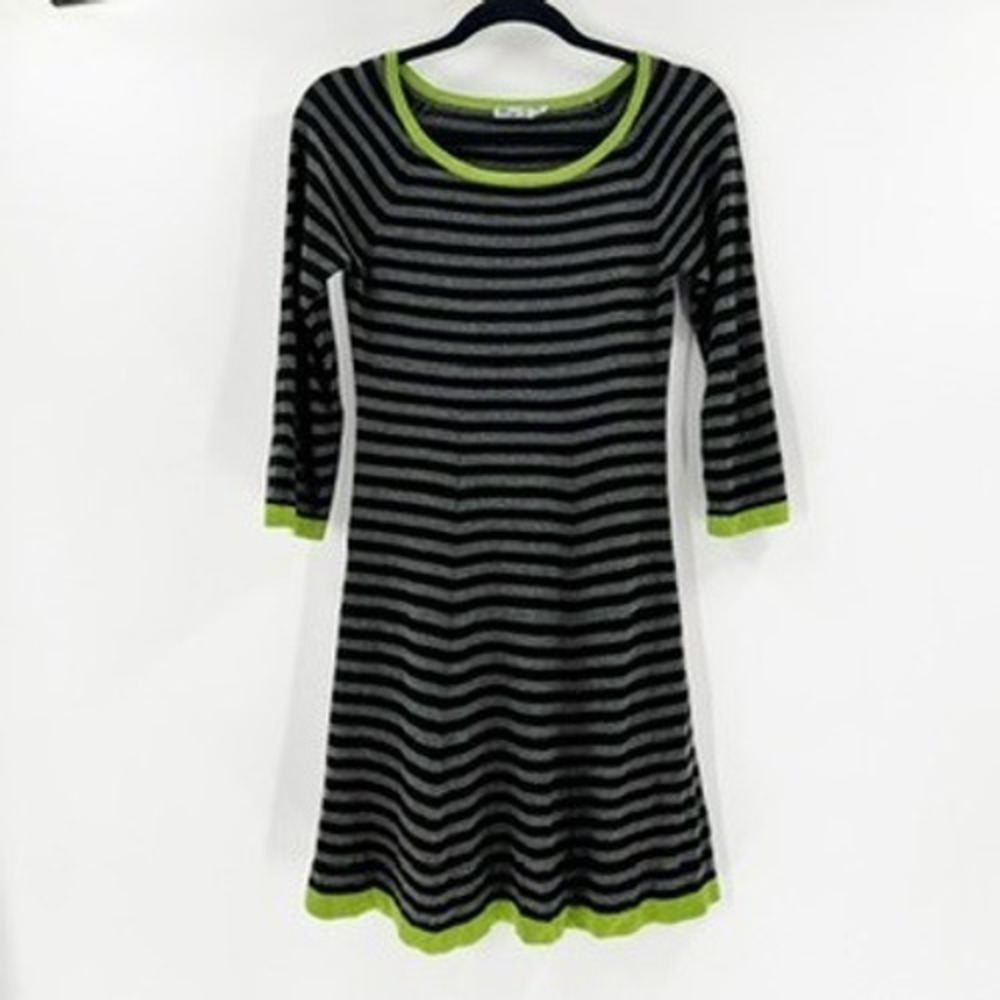 Eliza J Striped Dress Women's Size S 3/4 Sleeve Gray Black Fit Flare Knit